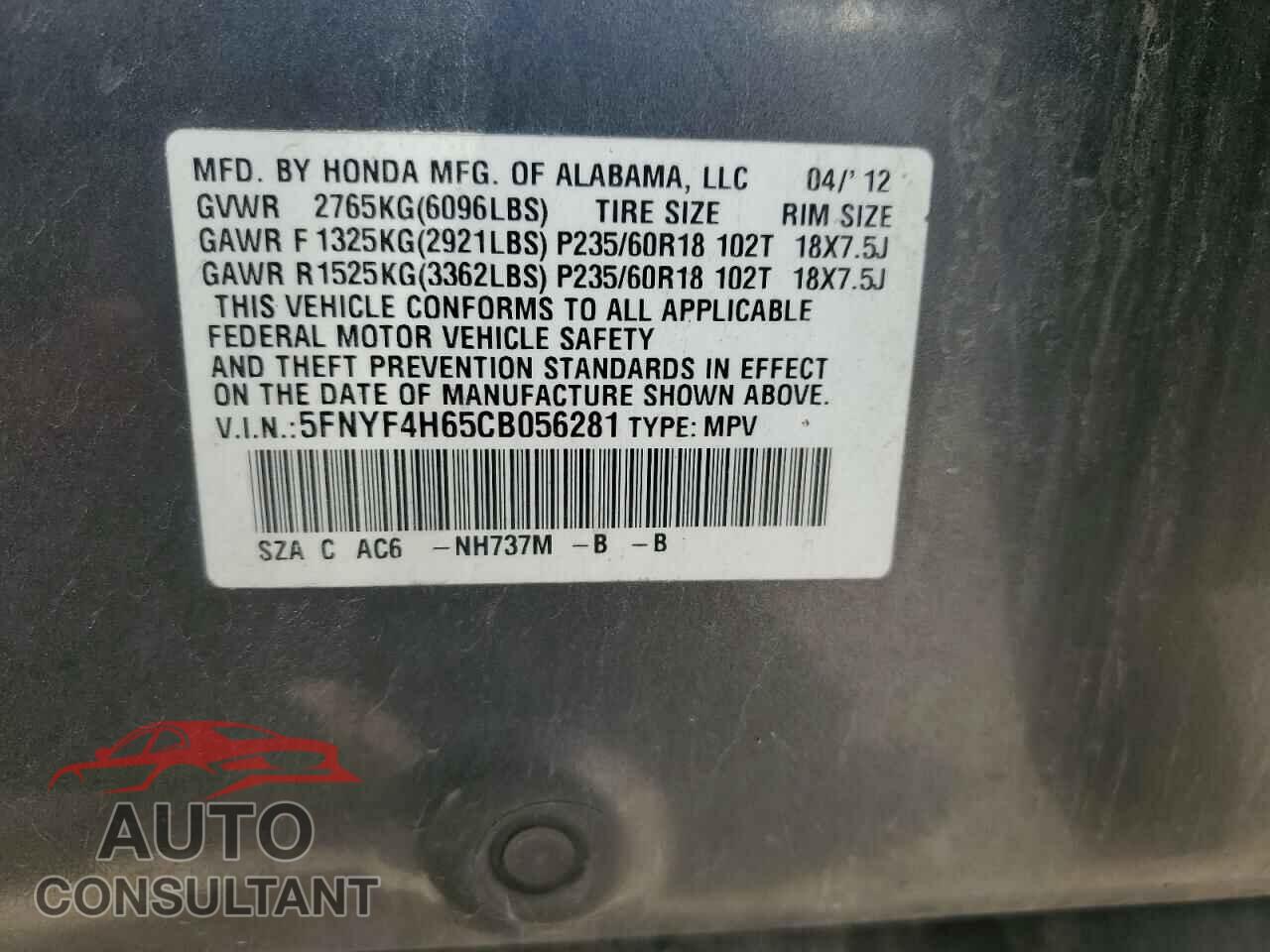 HONDA PILOT 2012 - 5FNYF4H65CB056281