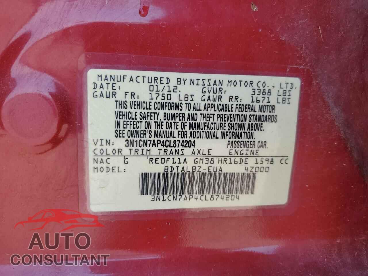 NISSAN VERSA 2012 - 3N1CN7AP4CL874204