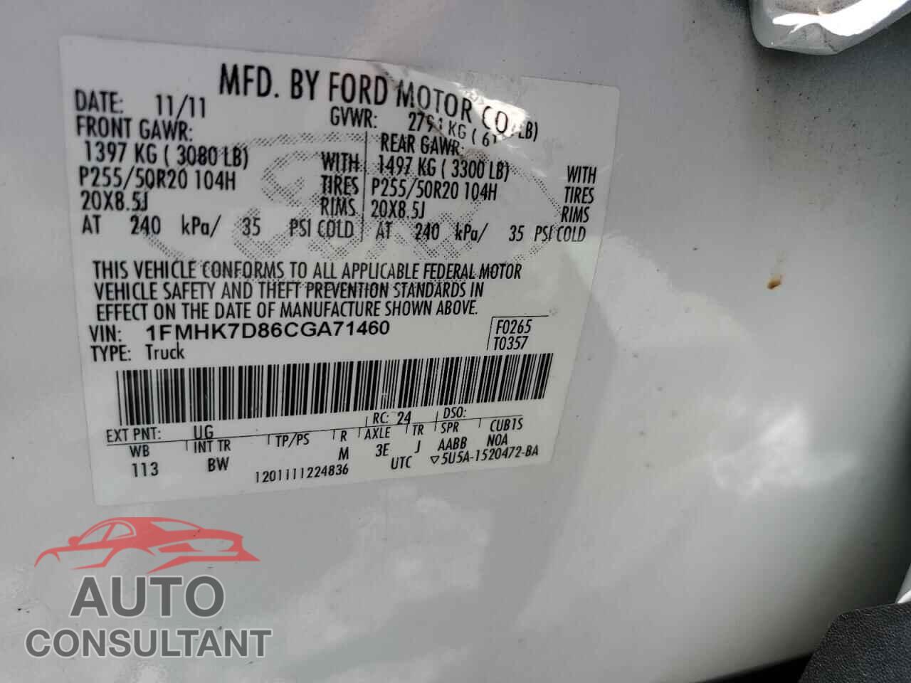 FORD EXPLORER 2012 - 1FMHK7D86CGA71460