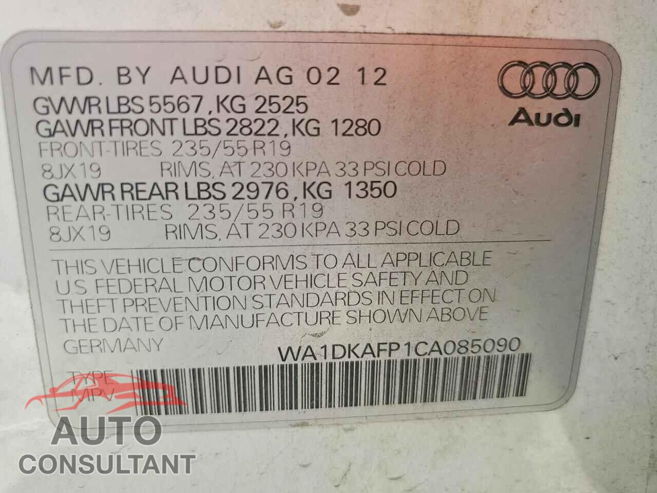 AUDI Q5 2012 - WA1DKAFP1CA085090