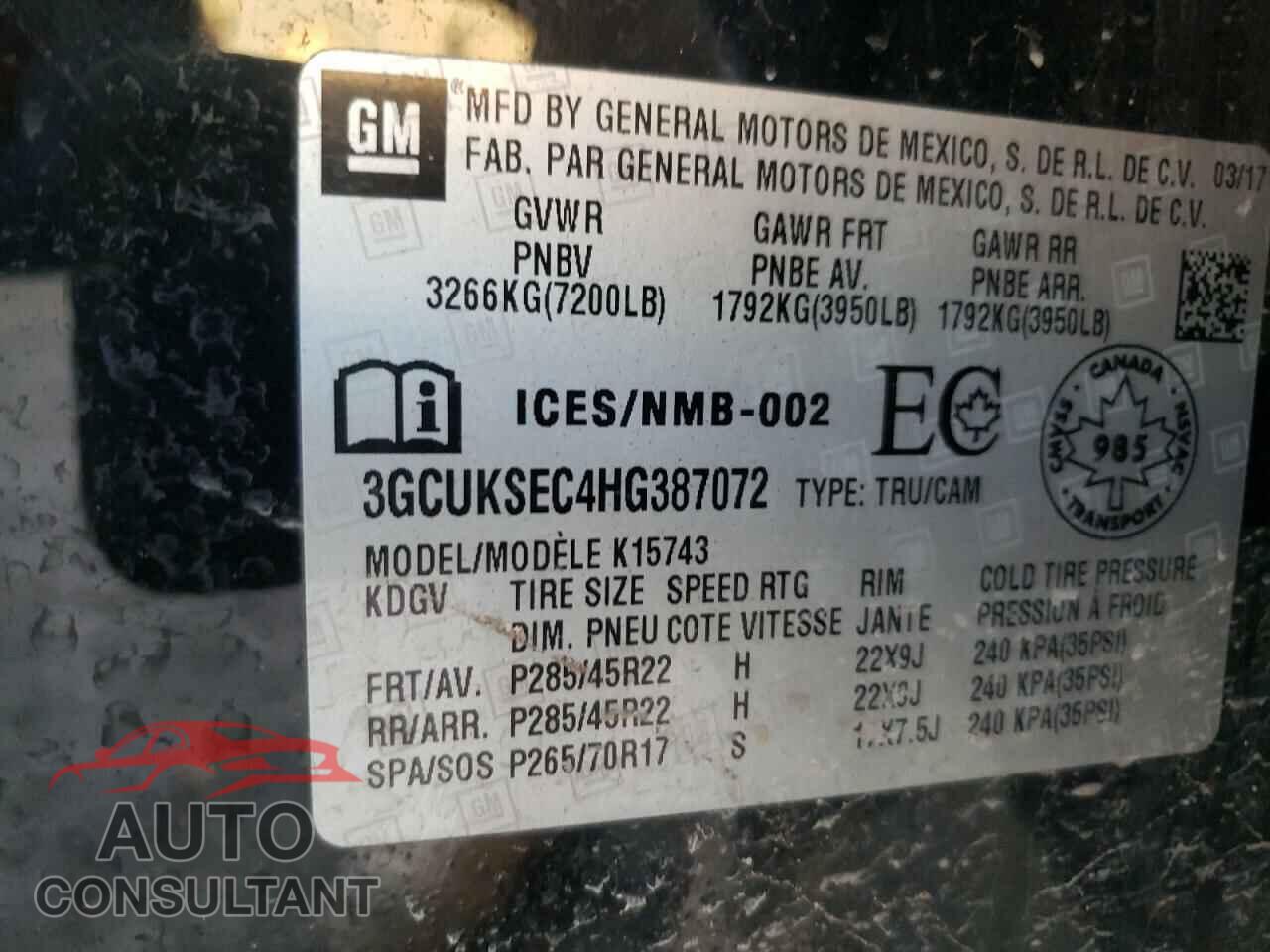 CHEVROLET SILVERADO 2017 - 3GCUKSEC4HG387072