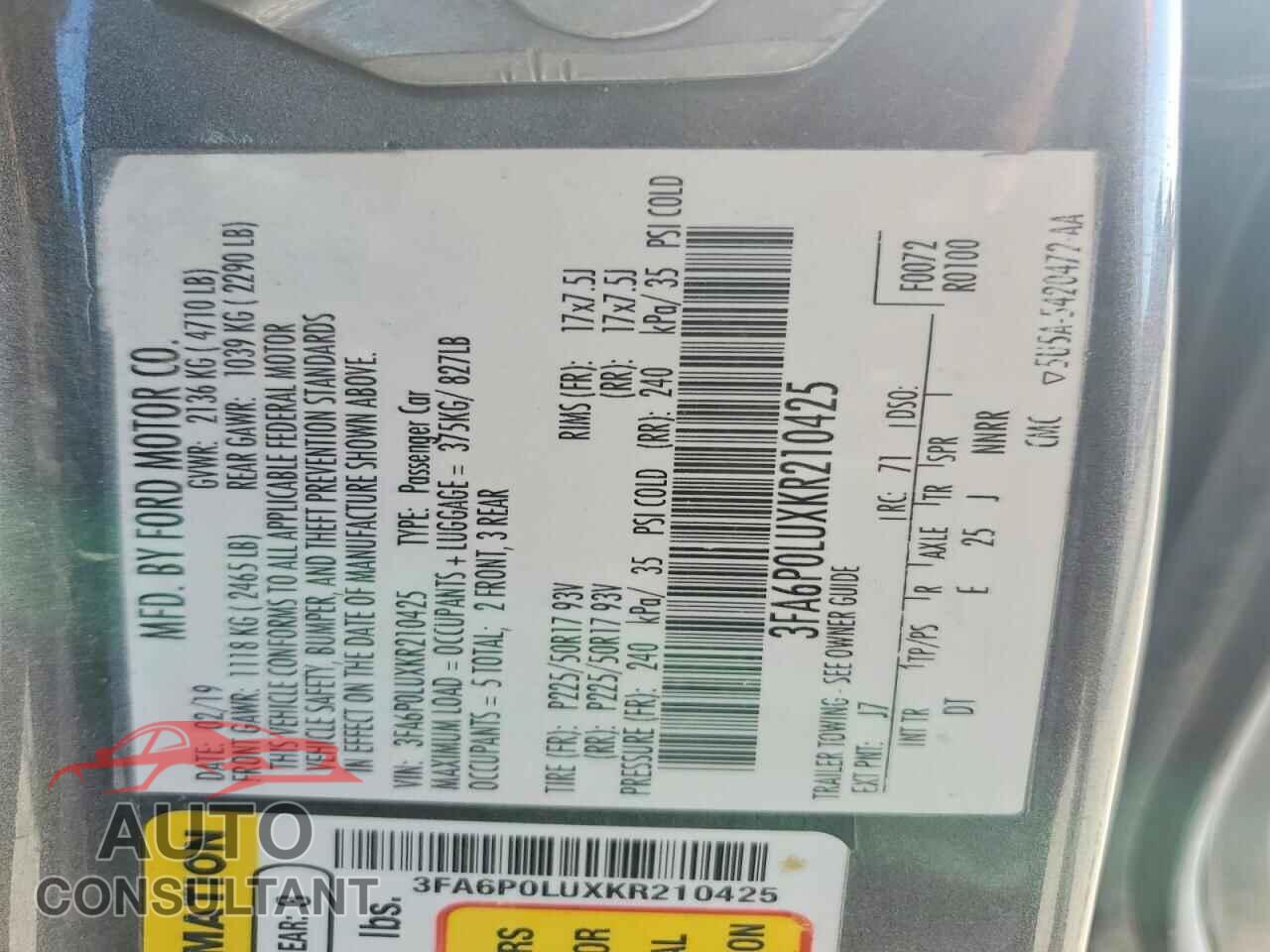 FORD FUSION 2019 - 3FA6P0LUXKR210425
