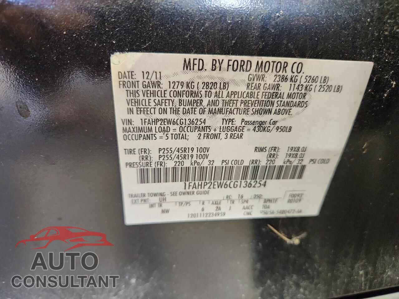 FORD TAURUS 2012 - 1FAHP2EW6CG136254