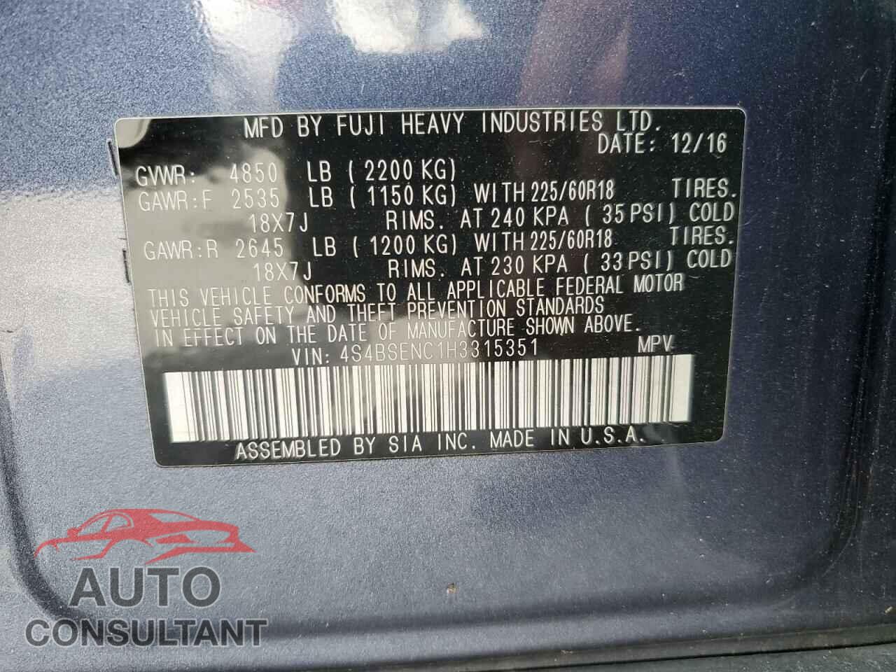 SUBARU OUTBACK 2017 - 4S4BSENC1H3315351