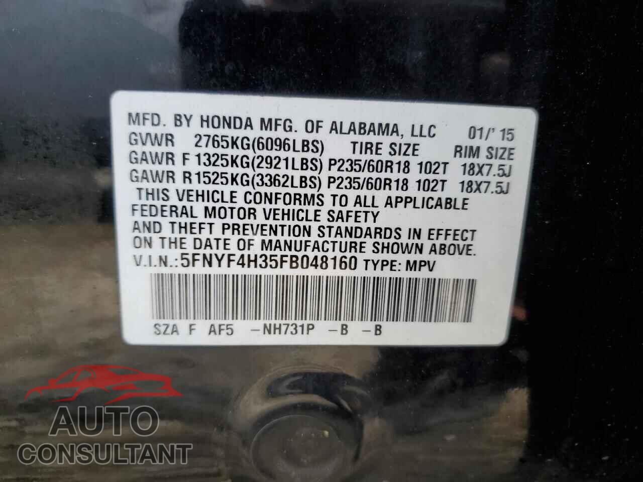 HONDA PILOT 2015 - 5FNYF4H35FB048160
