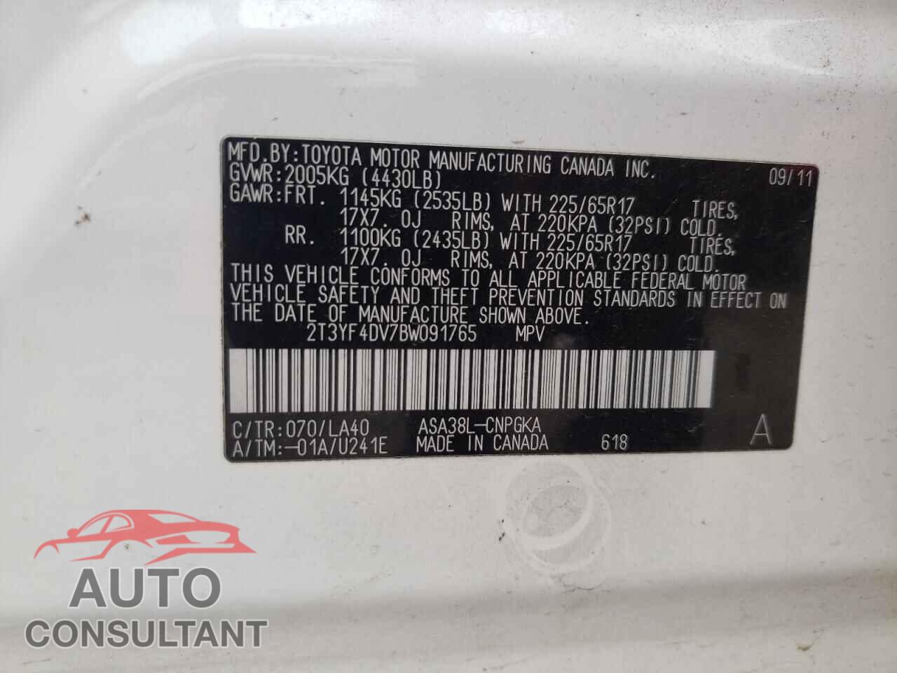 TOYOTA RAV4 2011 - 2T3YF4DV7BW091765