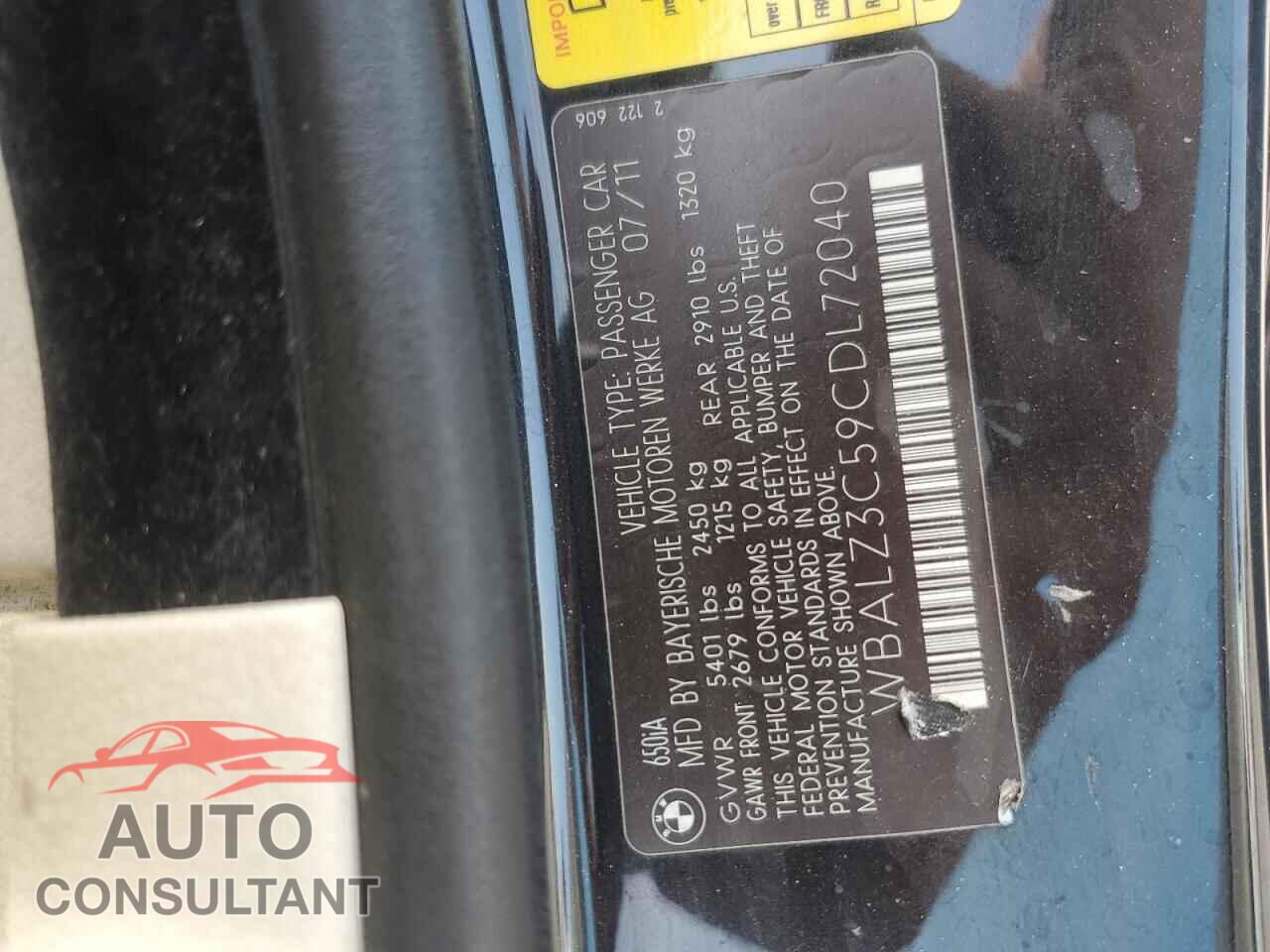 BMW 6 SERIES 2012 - WBALZ3C59CDL72040