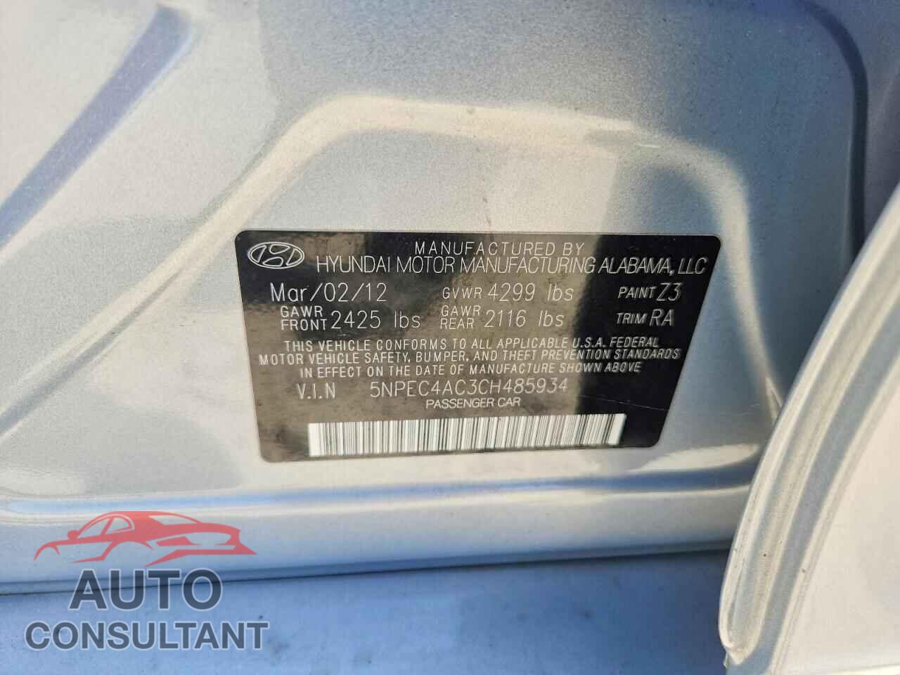 HYUNDAI SONATA 2012 - 5NPEC4AC3CH485934