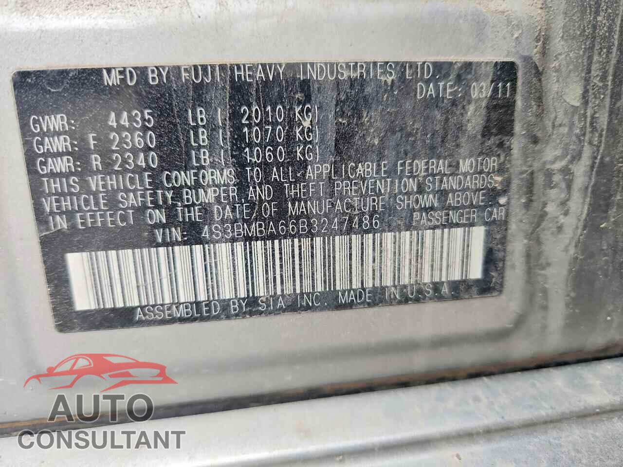 SUBARU LEGACY 2011 - 4S3BMBA66B3247486