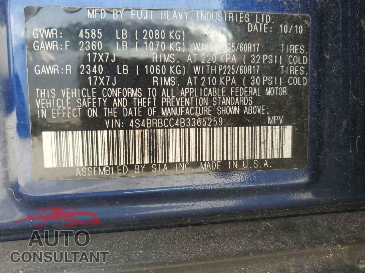 SUBARU OUTBACK 2011 - 4S4BRBCC4B3365259