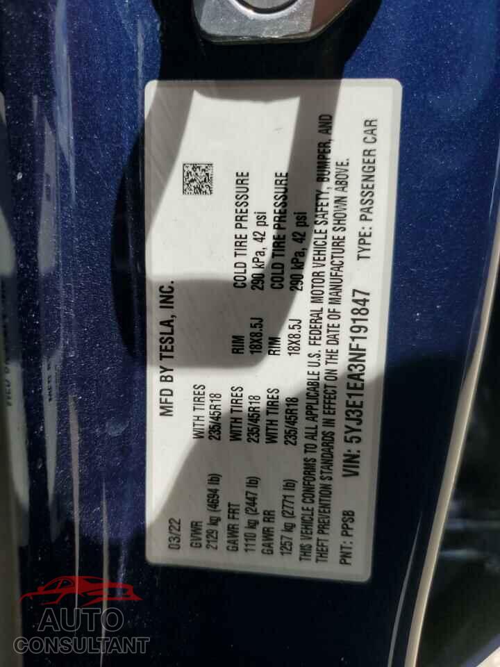 TESLA MODEL 3 2022 - 5YJ3E1EA3NF191847