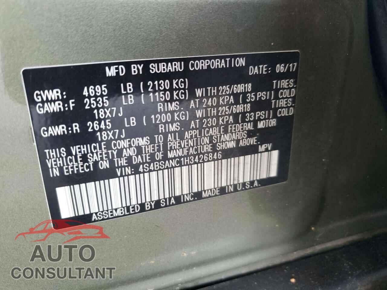 SUBARU OUTBACK 2017 - 4S4BSANC1H3426846