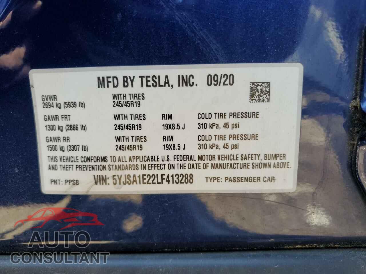 TESLA MODEL 3 2020 - 5YJSA1E22LF413288