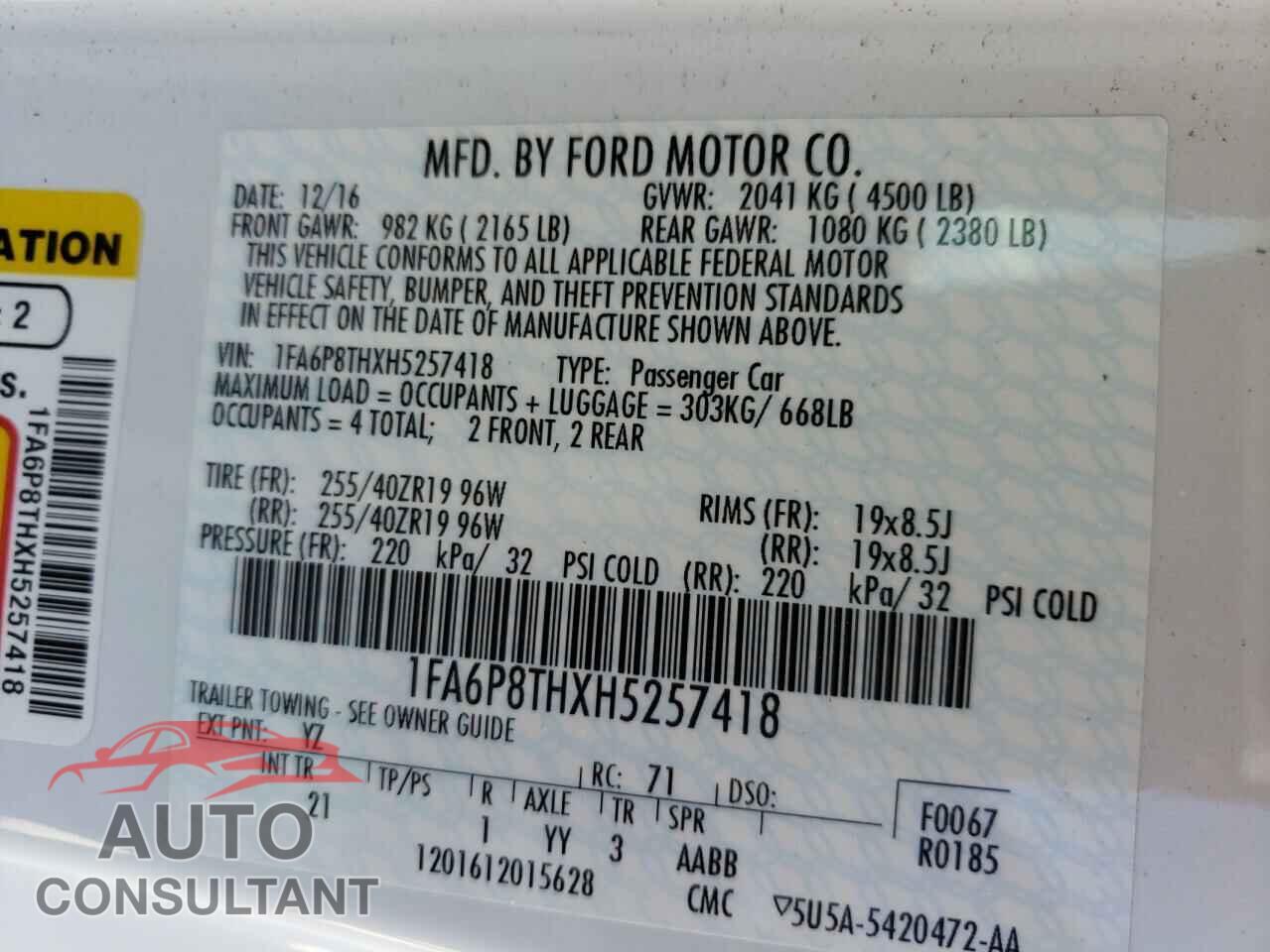 FORD MUSTANG 2017 - 1FA6P8THXH5257418