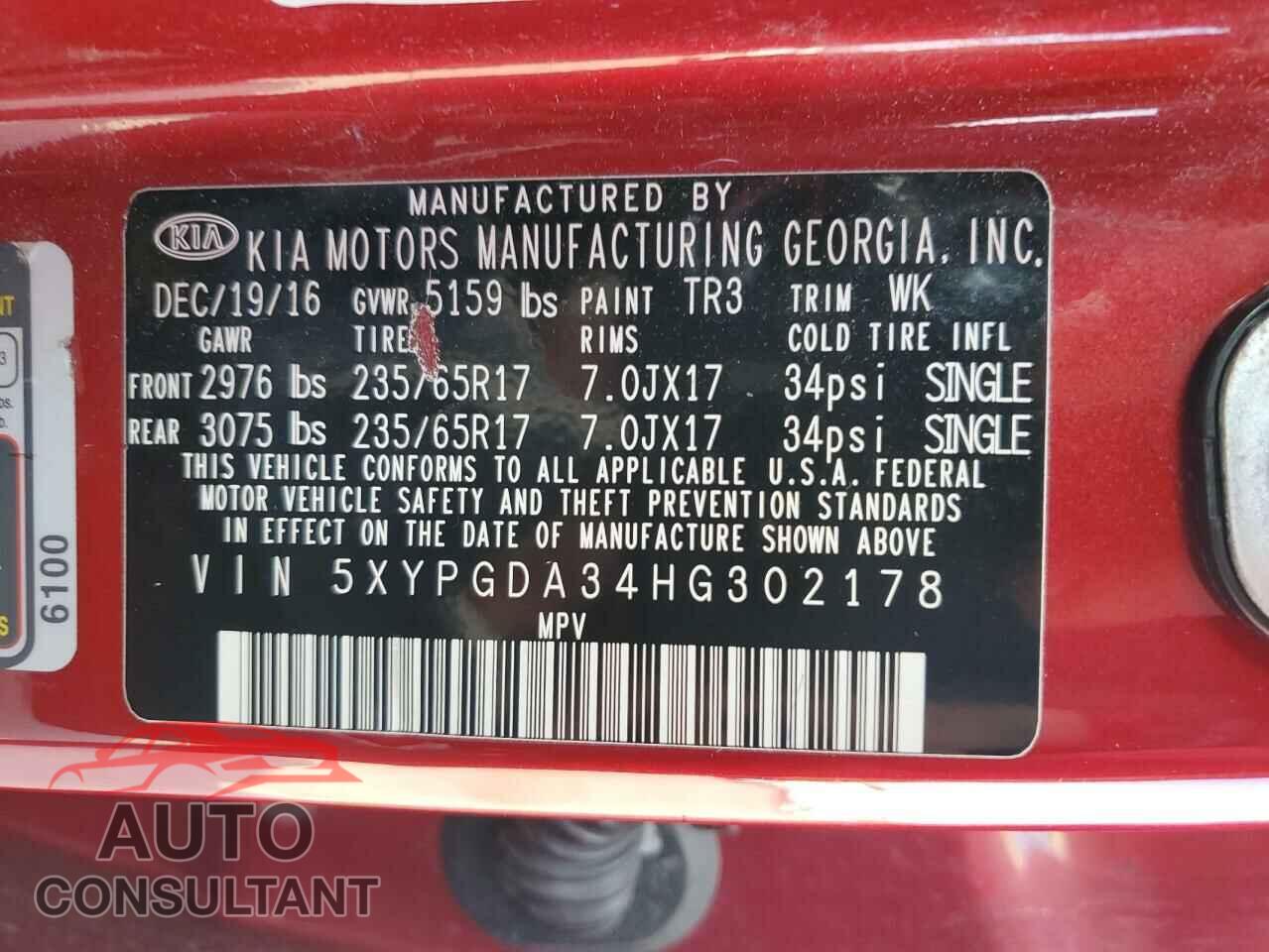 KIA SORENTO 2017 - 5XYPGDA34HG302178