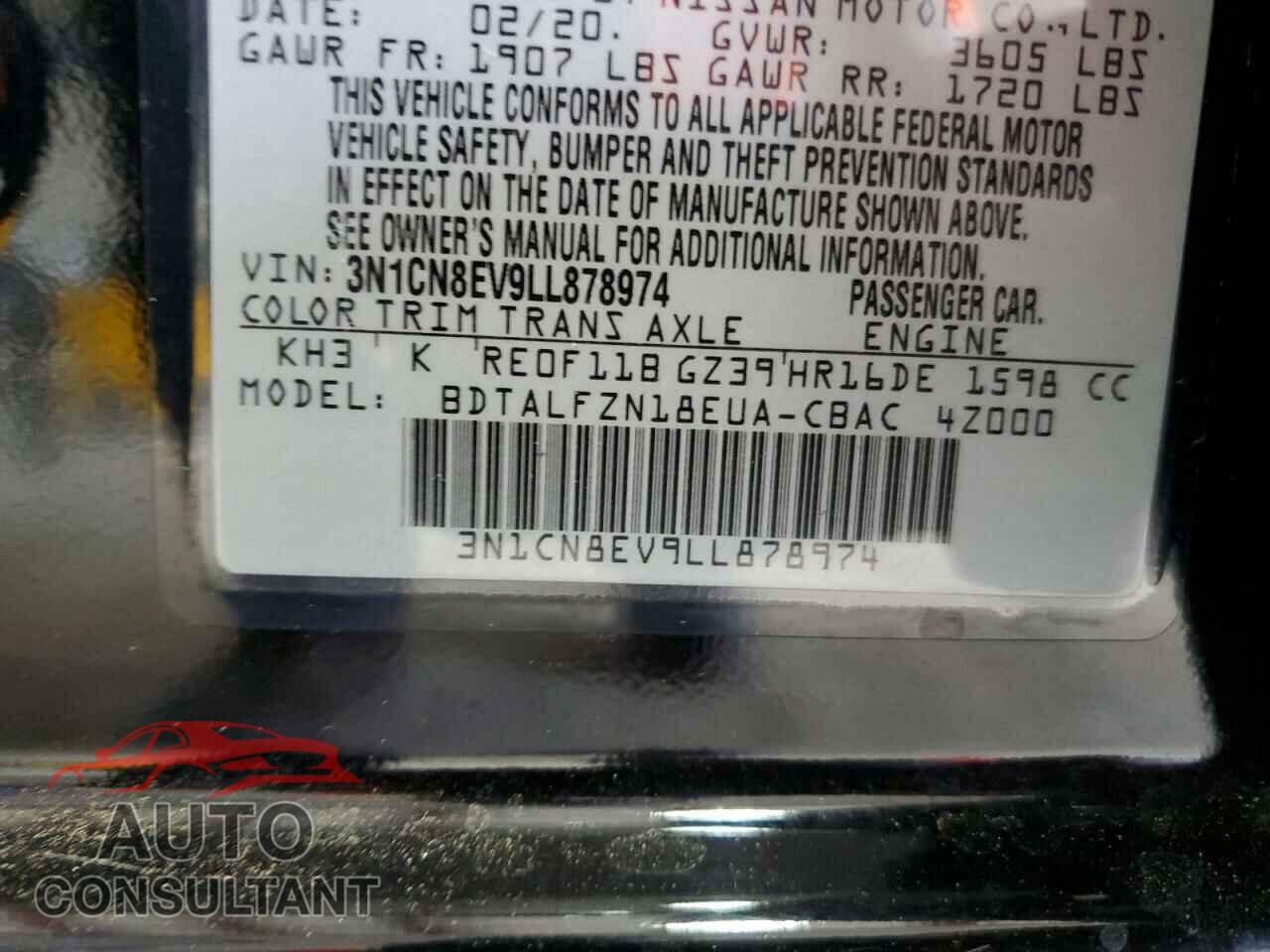 NISSAN VERSA 2020 - 3N1CN8EV9LL878974