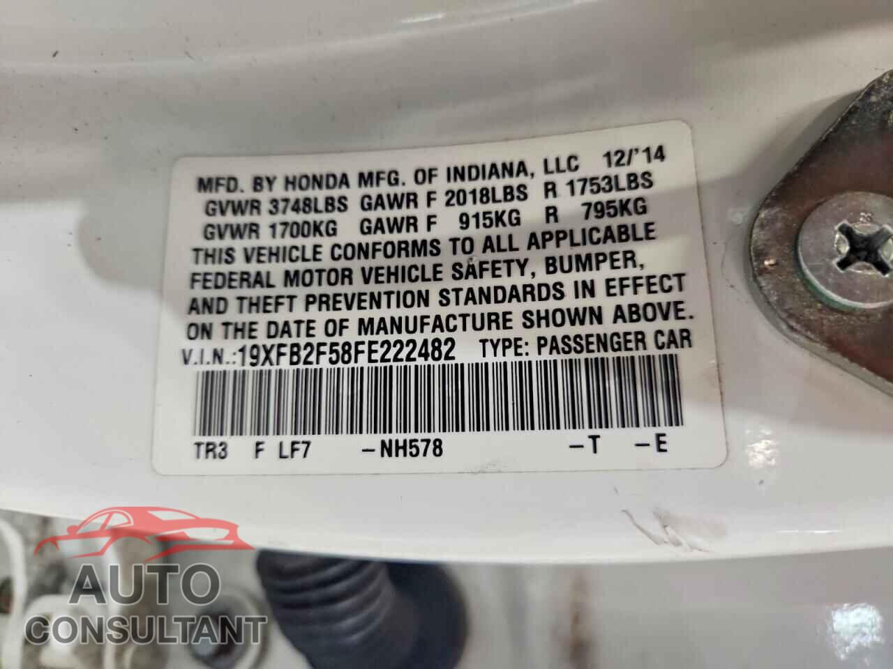HONDA CIVIC 2015 - 19XFB2F58FE222482