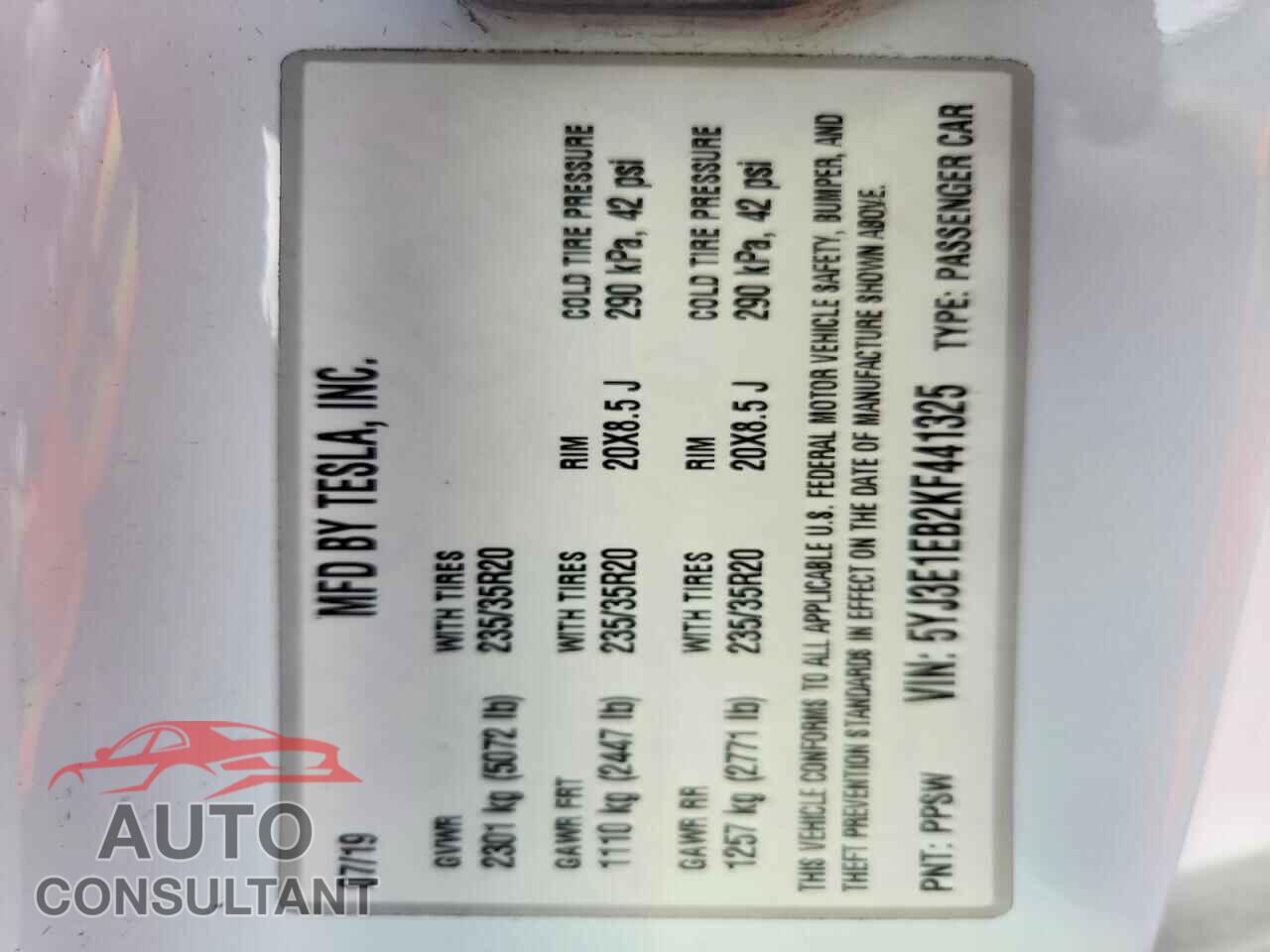 TESLA MODEL 3 2019 - 5YJ3E1EB2KF441325
