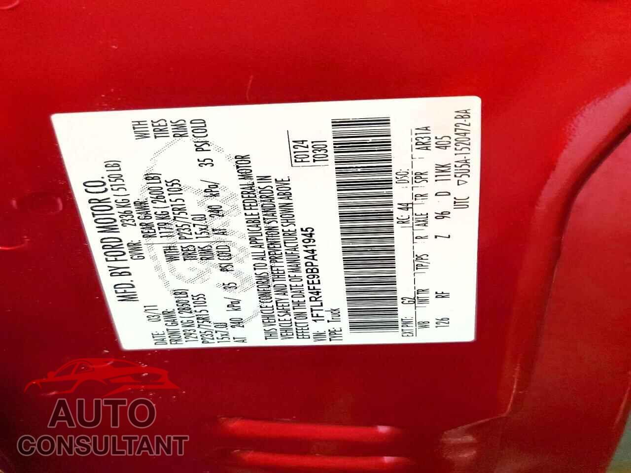 FORD RANGER 2011 - 1FTLR4FE9BPA41945