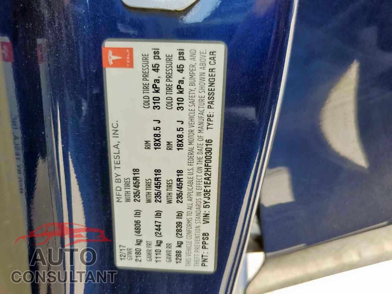 TESLA MODEL 3 2017 - 5YJ3E1EA2HF003016