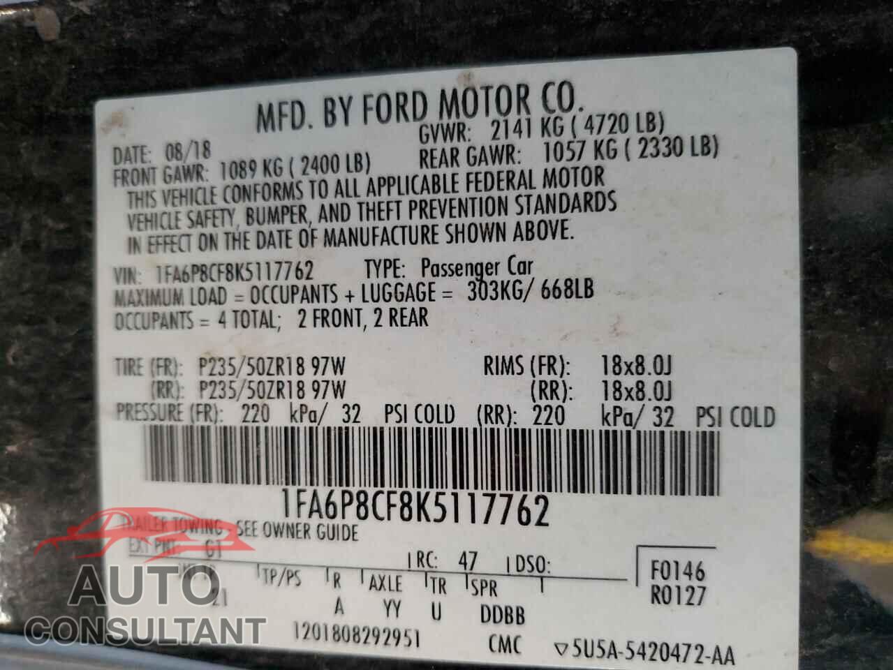 FORD MUSTANG 2019 - 1FA6P8CF8K5117762