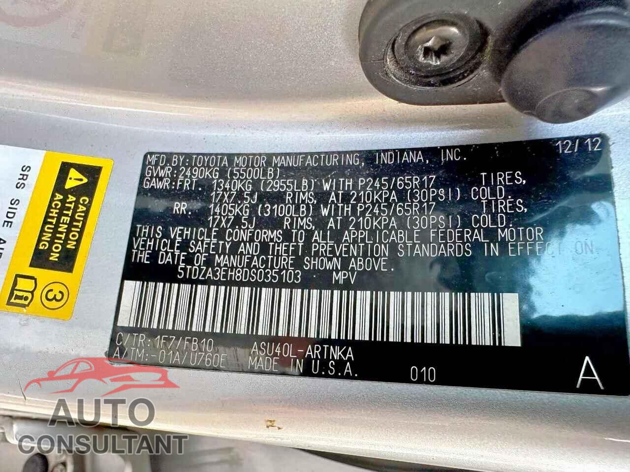 TOYOTA HIGHLANDER 2013 - 5TDZA3EH8DS035103