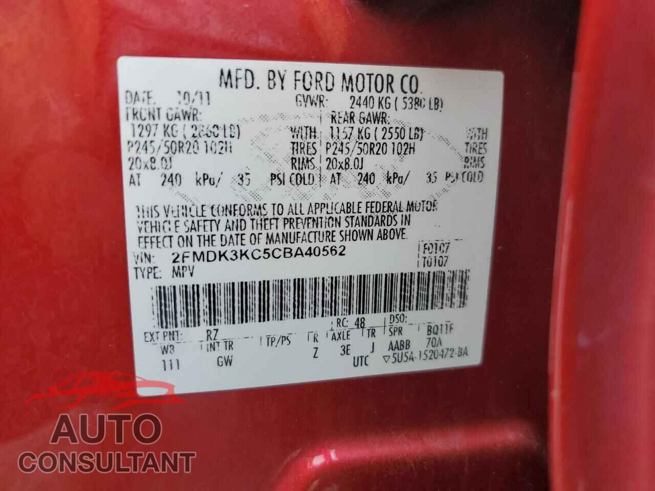 FORD EDGE 2012 - 2FMDK3KC5CBA40562