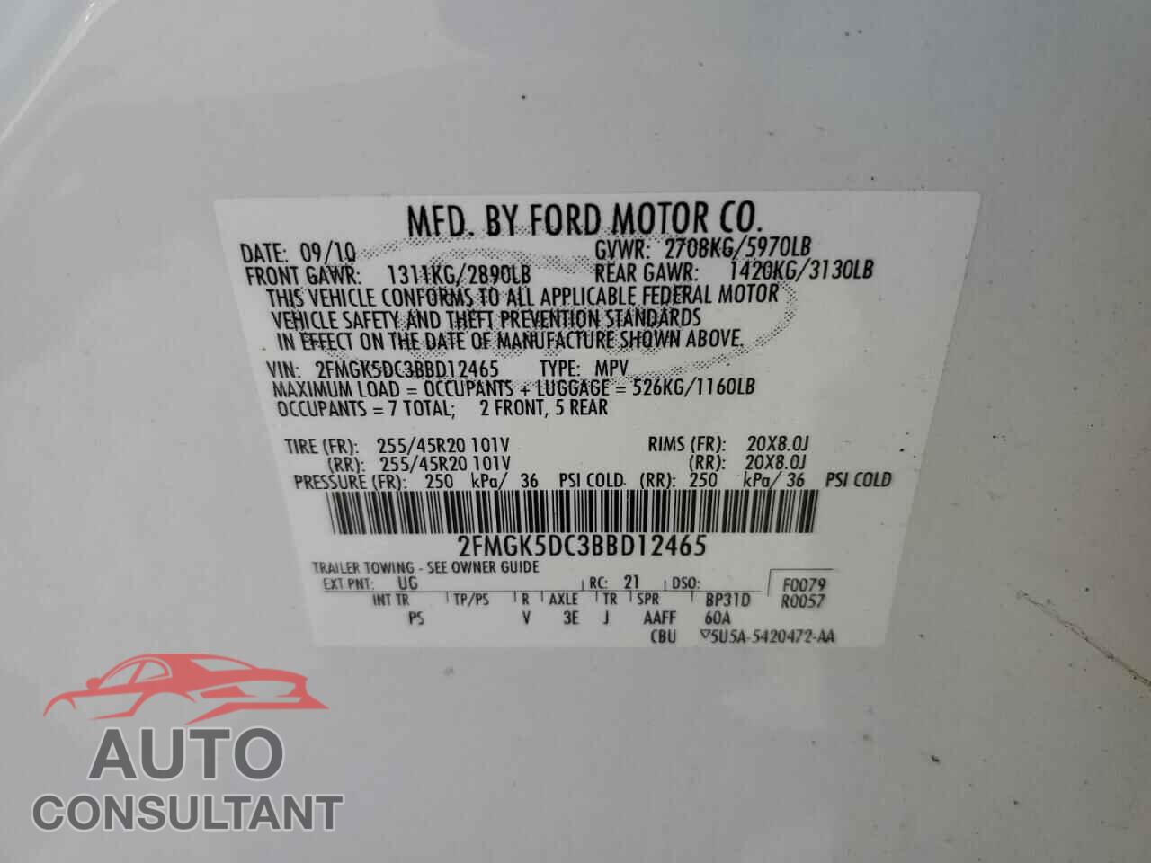 FORD FLEX 2011 - 2FMGK5DC3BBD12465