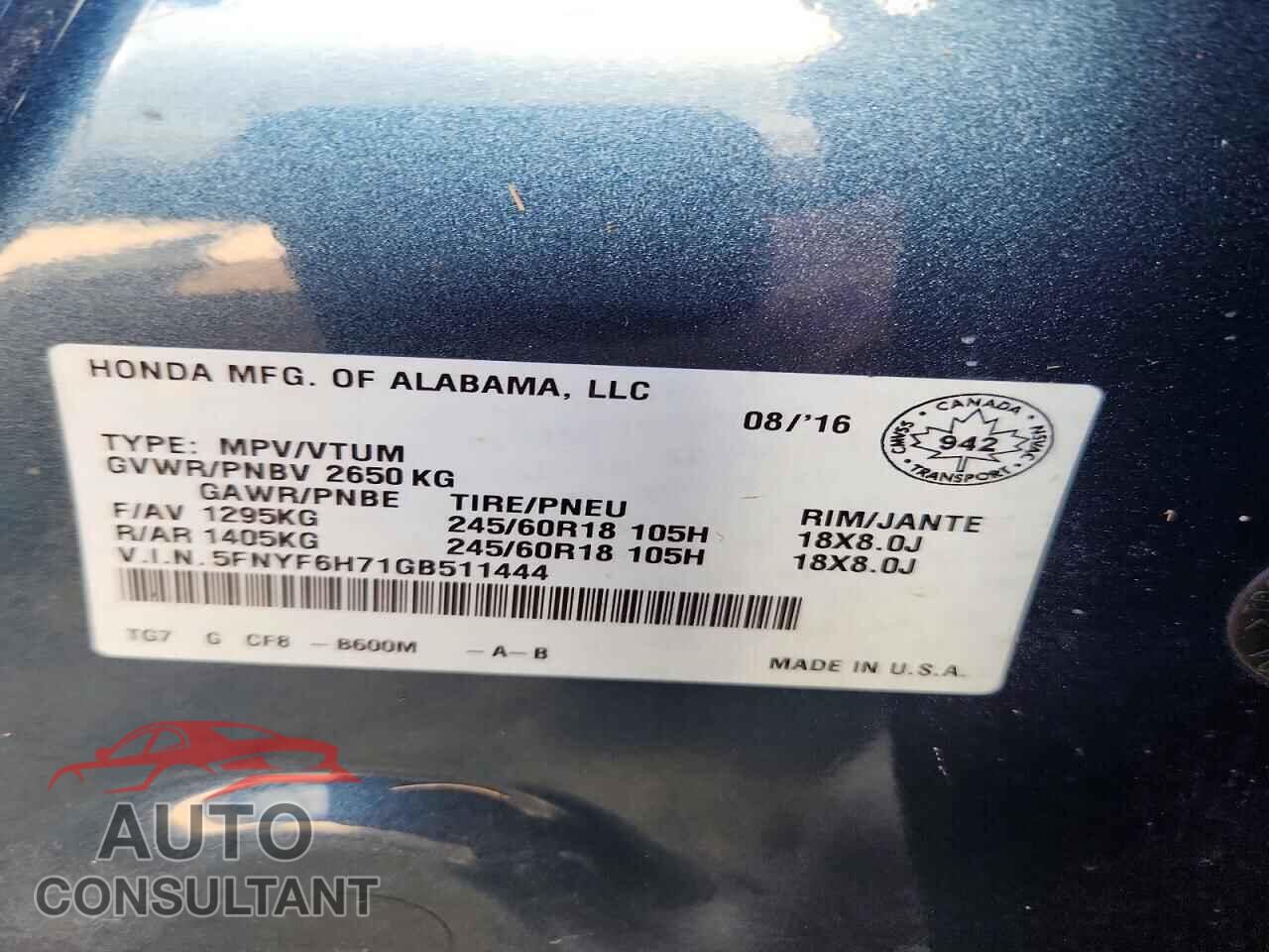HONDA PILOT 2016 - 5FNYF6H71GB511444