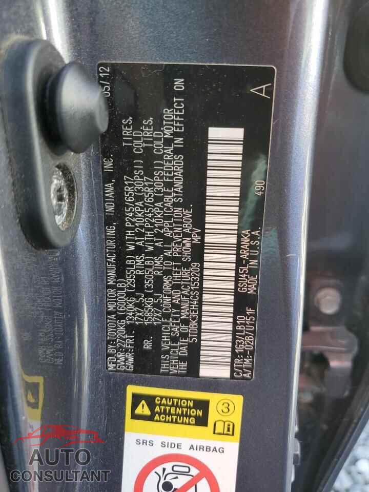 TOYOTA HIGHLANDER 2012 - 5TDBK3EH4CS153209