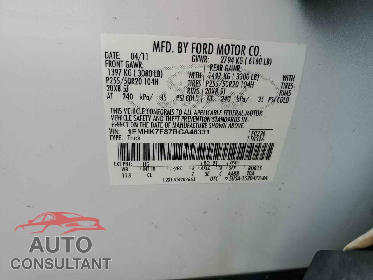 FORD EXPLORER 2011 - 1FMHK7F87BGA48331