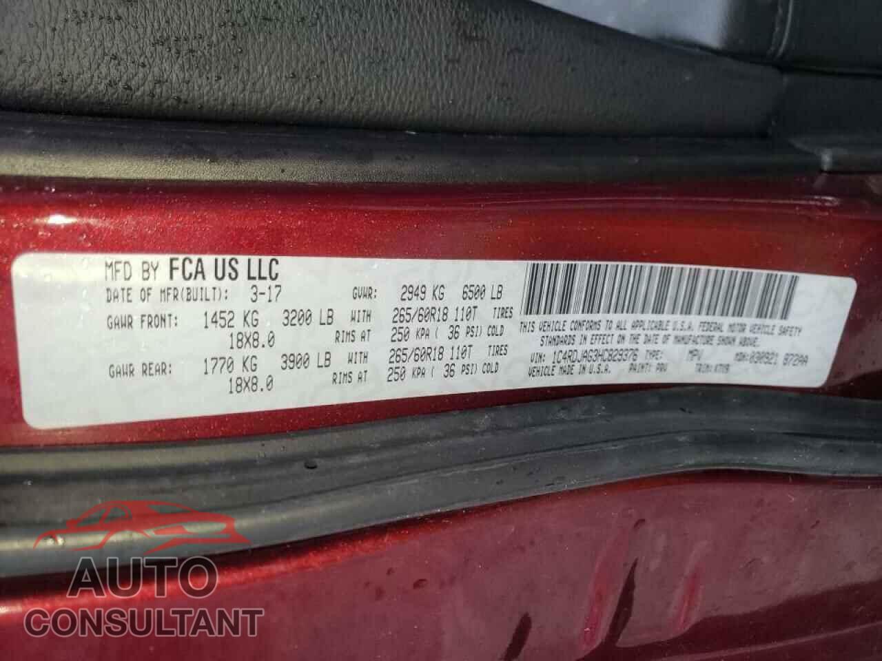 DODGE DURANGO 2017 - 1C4RDJAG3HC829376