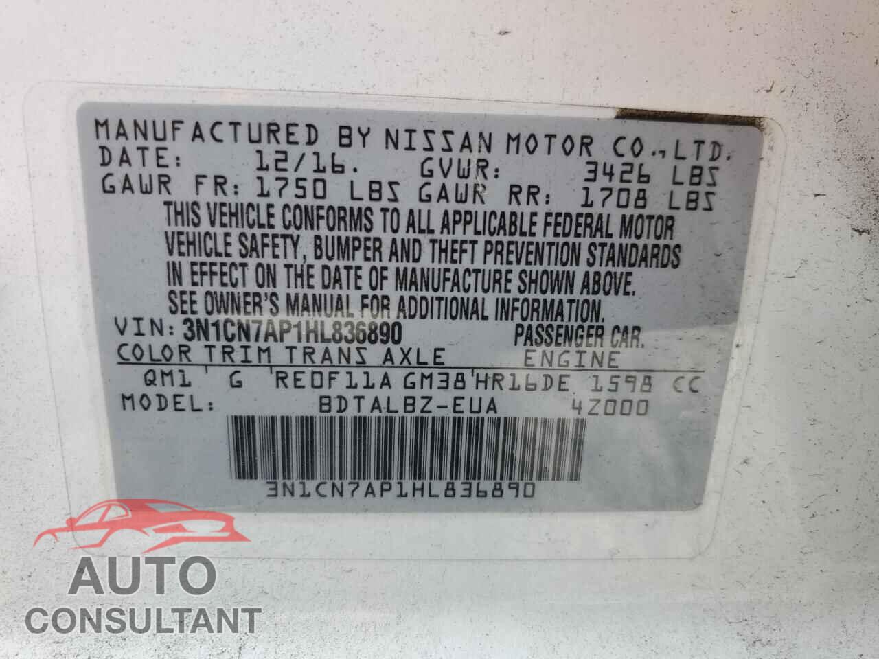 NISSAN VERSA 2017 - 3N1CN7AP1HL836890