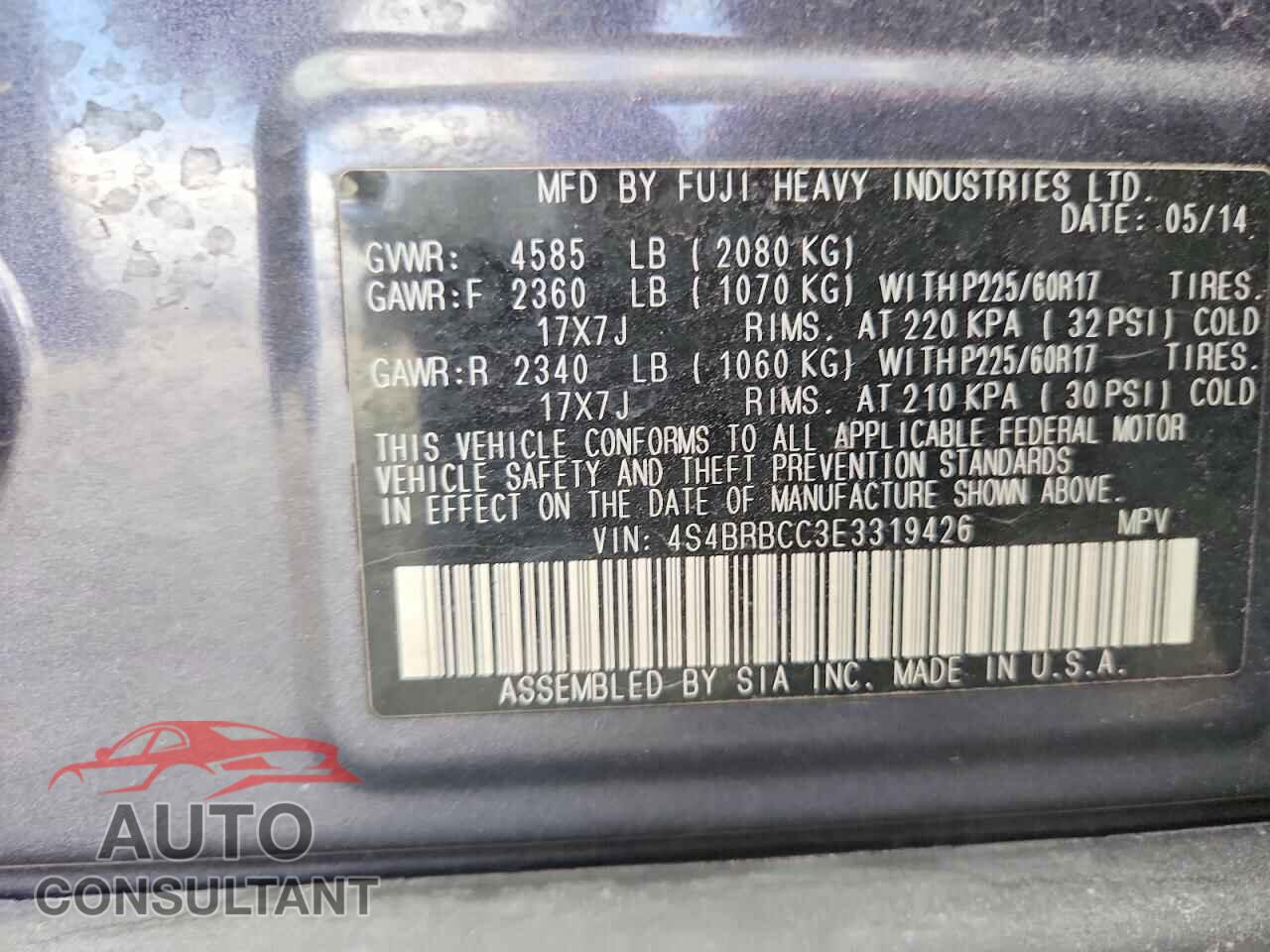 SUBARU OUTBACK 2014 - 4S4BRBCC3E3319426