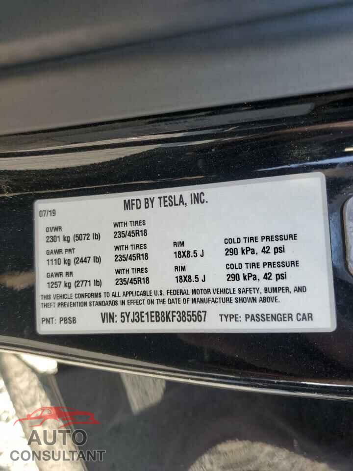 TESLA MODEL 3 2019 - 5YJ3E1EB8KF385567