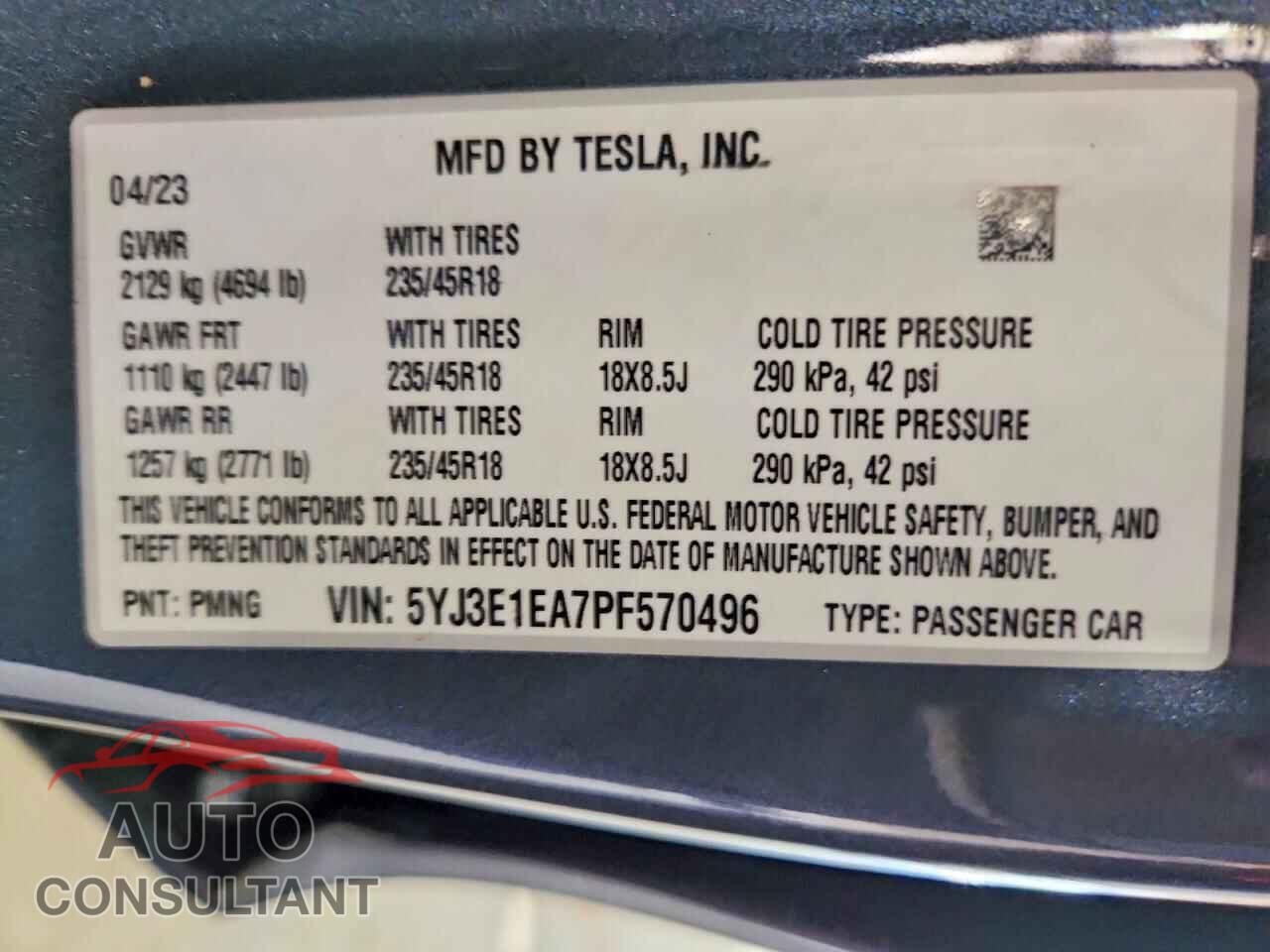 TESLA MODEL 3 2023 - 5YJ3E1EA7PF570496