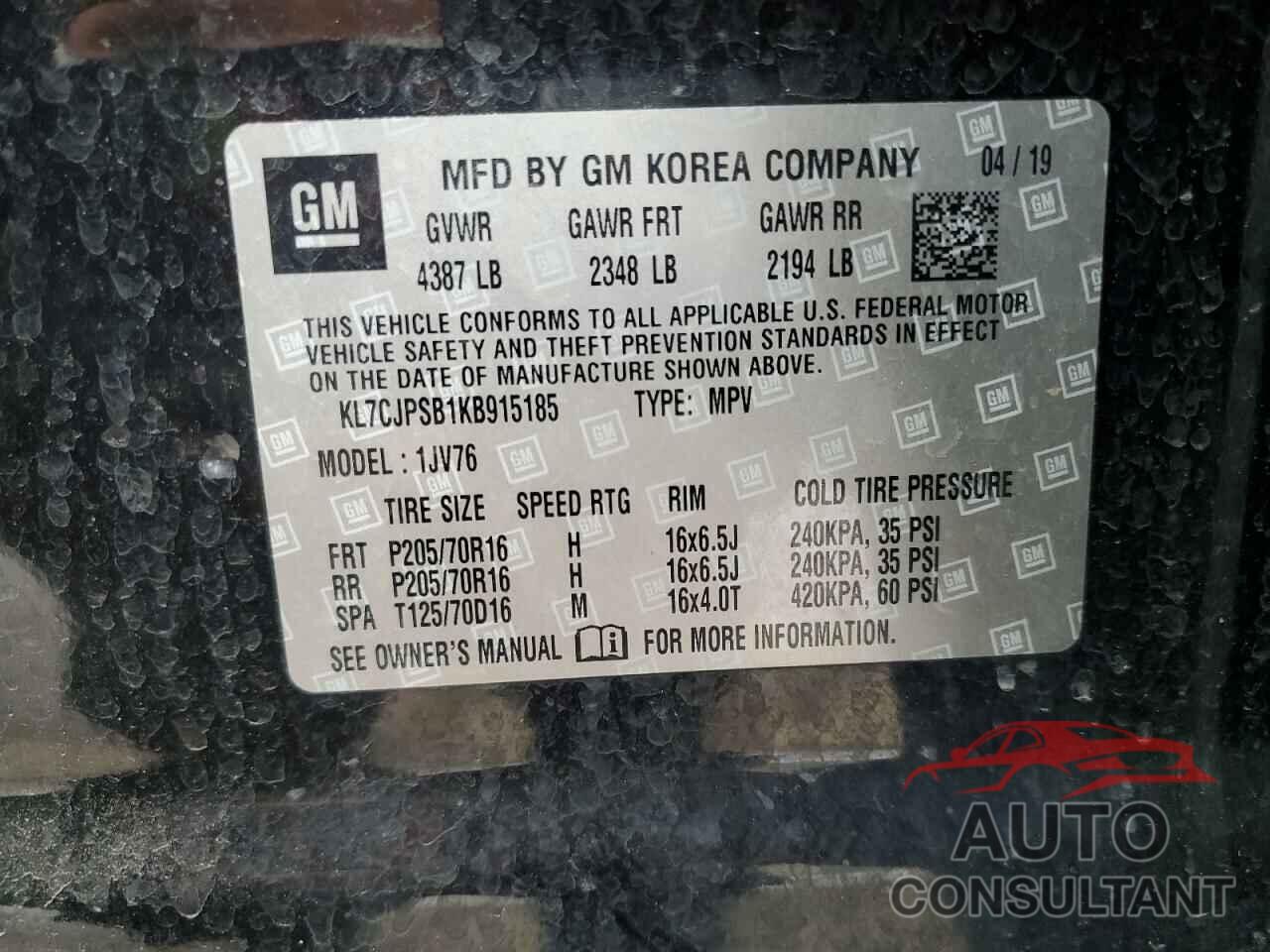 CHEVROLET TRAX 2019 - KL7CJPSB1KB915185