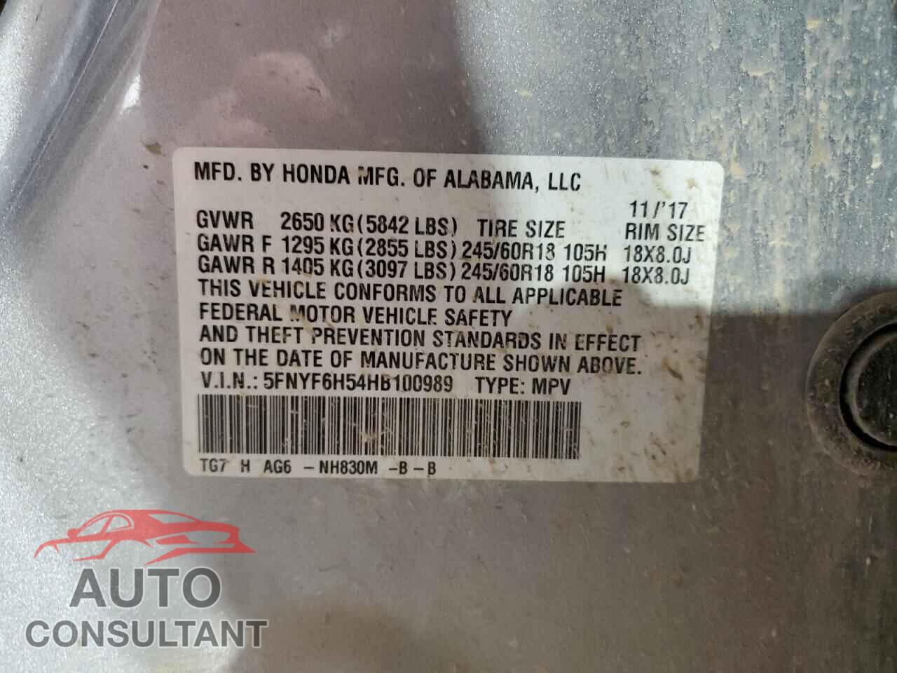 HONDA PILOT 2017 - 5FNYF6H54HB100989