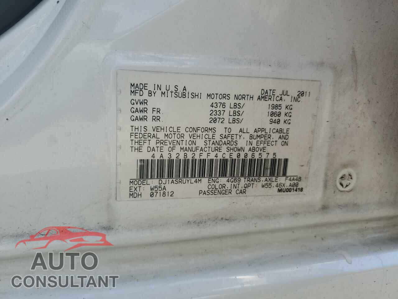 MITSUBISHI GALANT 2012 - 4A32B2FF4CE006575