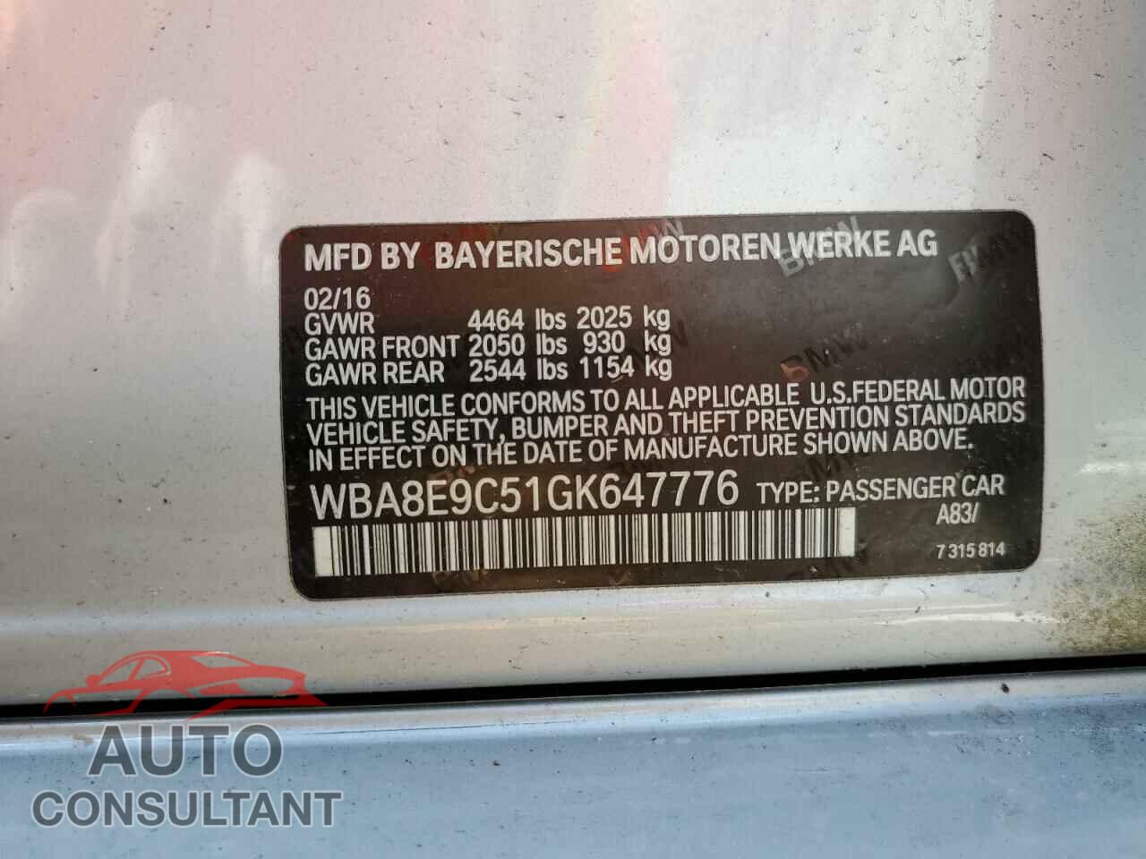 BMW 3 SERIES 2016 - WBA8E9C51GK647776