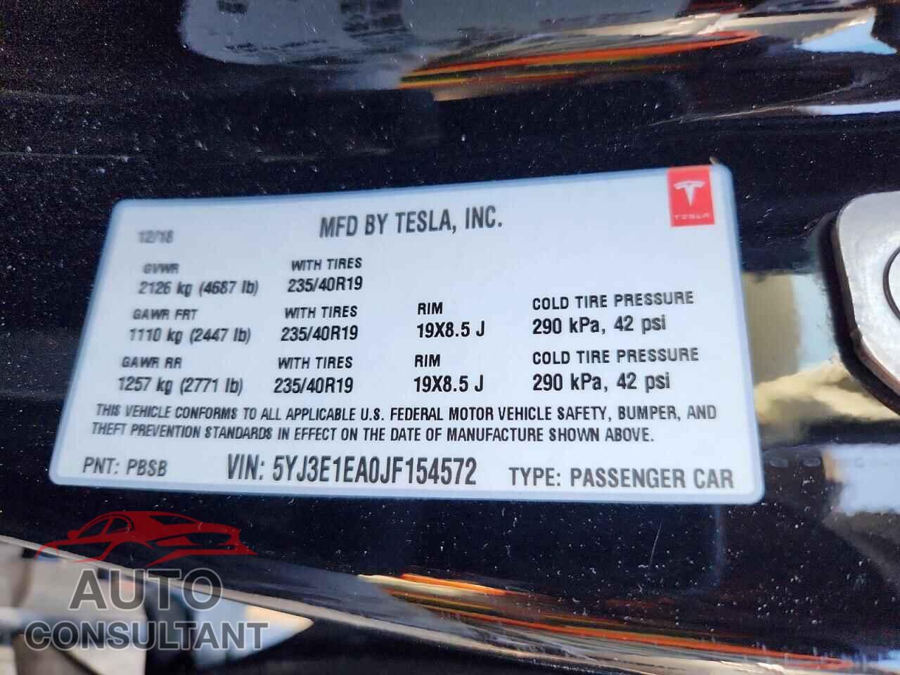 TESLA MODEL 3 2018 - 5YJ3E1EA0JF154572