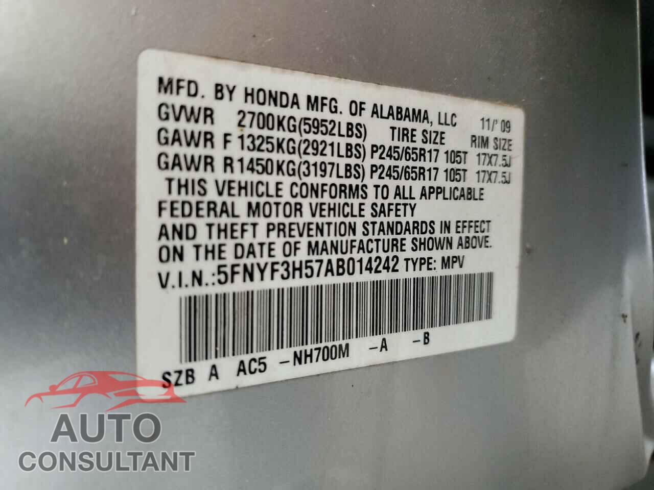 HONDA PILOT 2010 - 5FNYF3H57AB014242