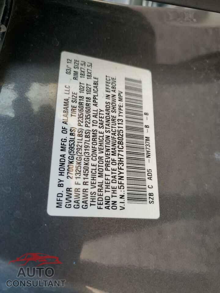 HONDA PILOT 2012 - 5FNYF3H71CB025113