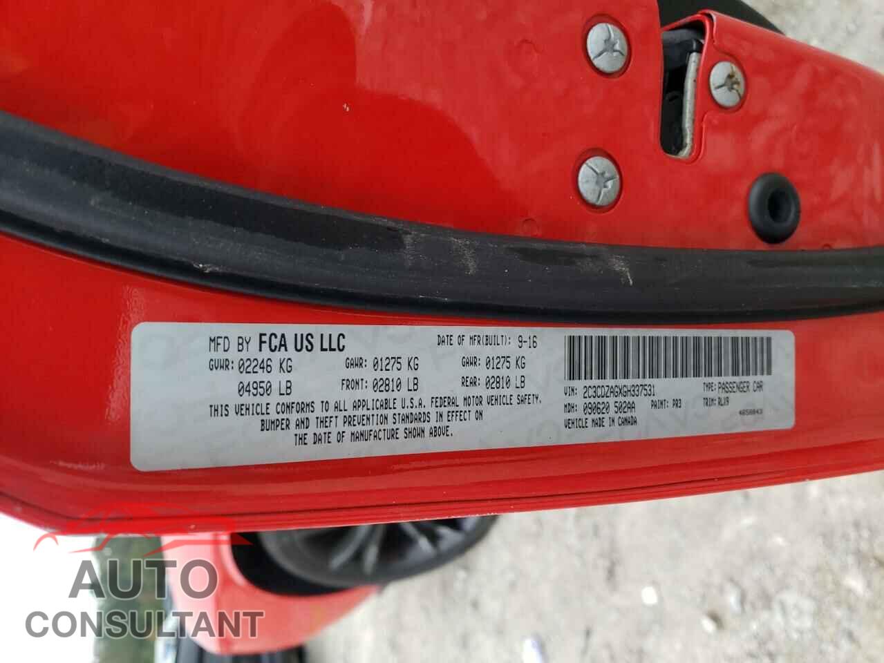 DODGE CHALLENGER 2016 - 2C3CDZAGXGH337531