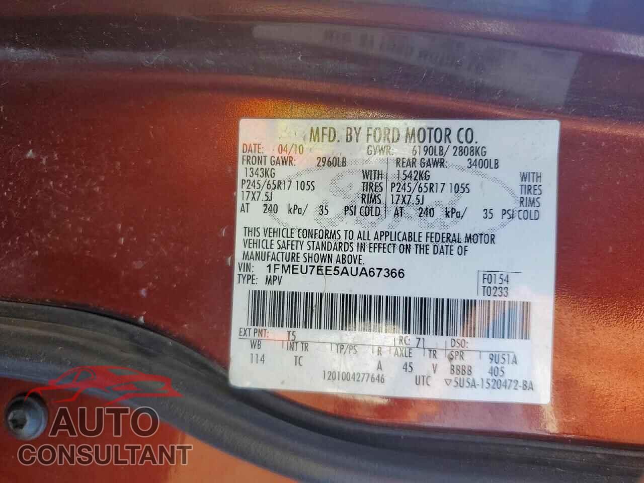FORD EXPLORER 2010 - 1FMEU7EE5AUA67366