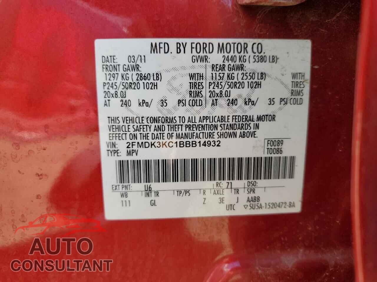 FORD ALL OTHER 2011 - 2FMDK3KC1BBB14932