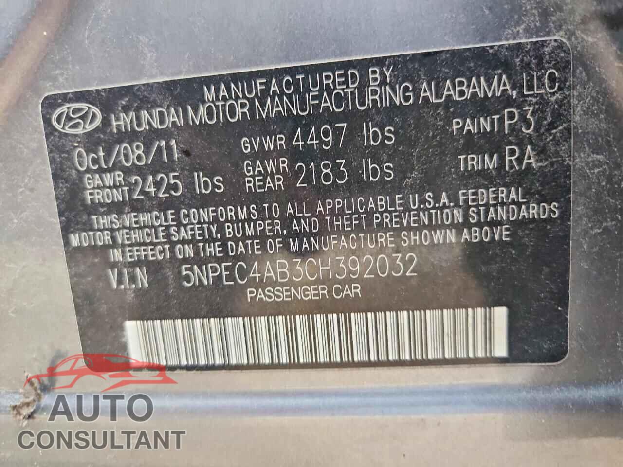 HYUNDAI SONATA 2012 - 5NPEC4AB3CH392032