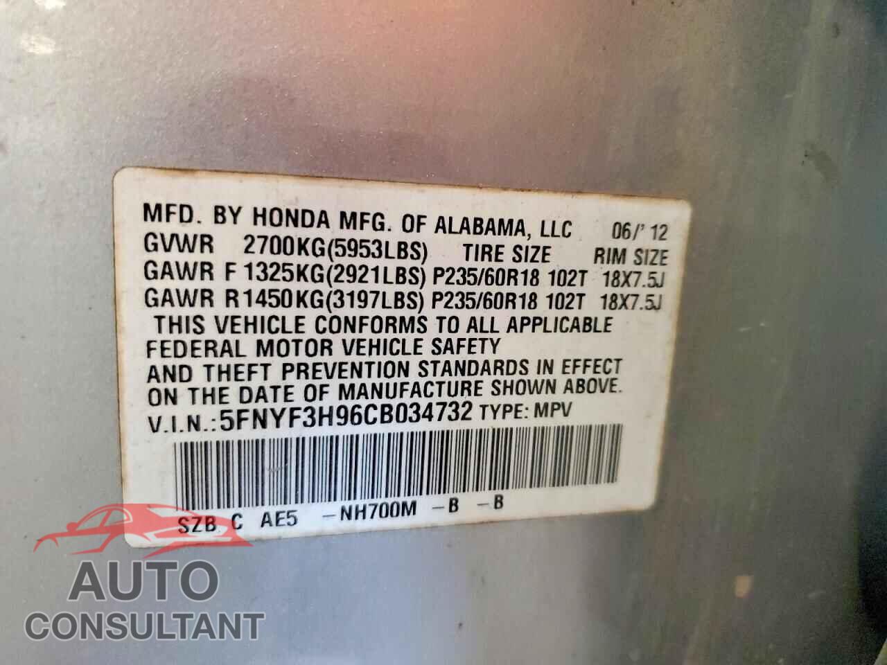 HONDA PILOT 2012 - 5FNYF3H96CB034732