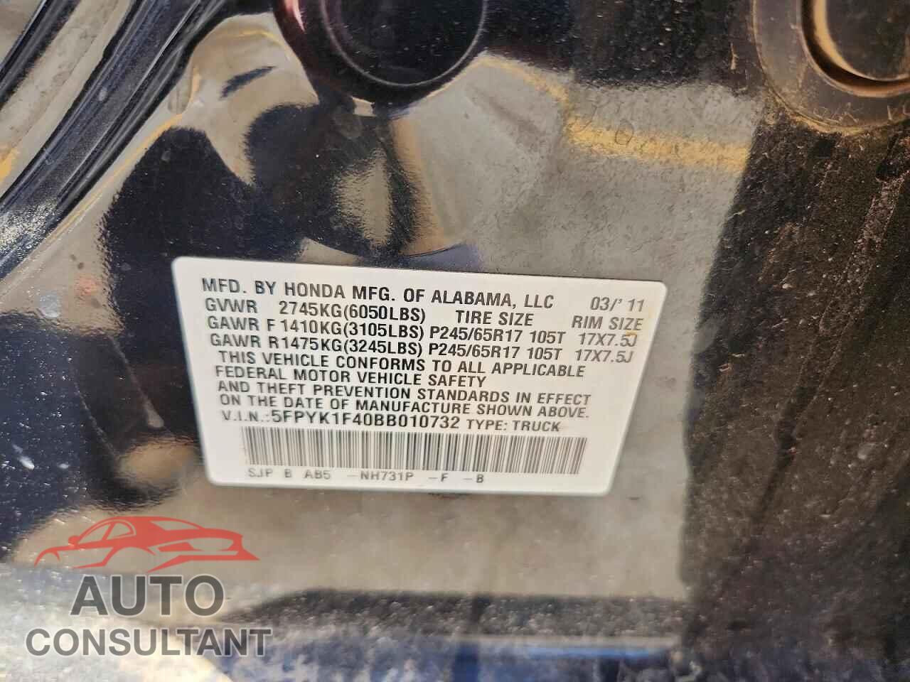 HONDA RIDGELINE 2011 - 5FPYK1F40BB010732