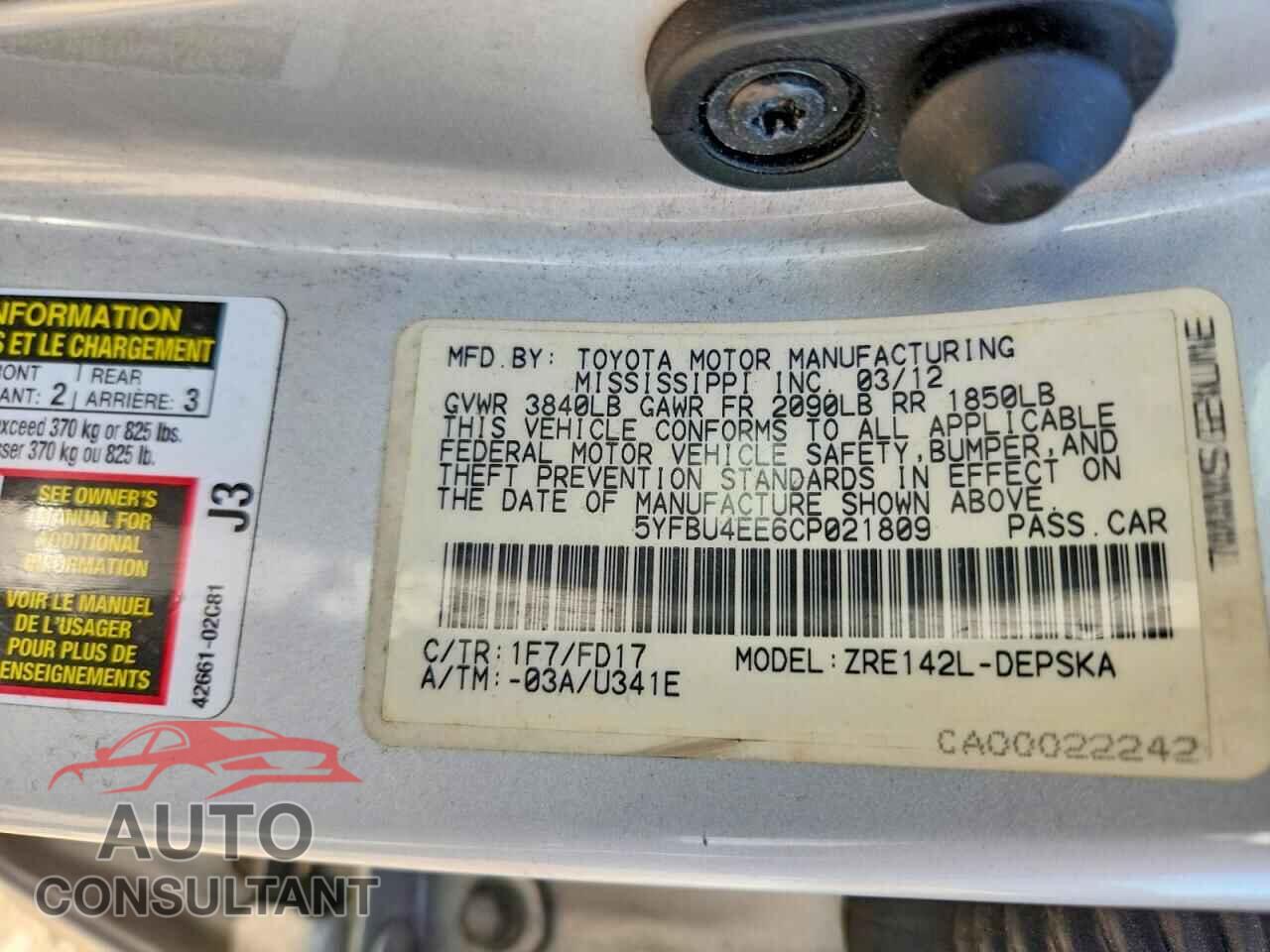 TOYOTA COROLLA 2012 - 5YFBU4EE6CP021809